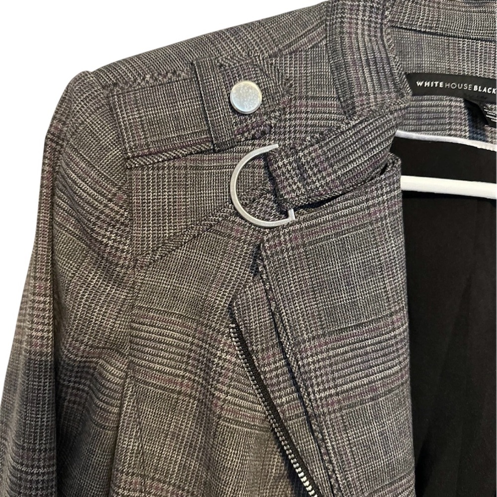 White House Black Market Moto Jacket Women Sz 8 Gray Merlot Plaid Cropped Lined - Picture 2 of 14
